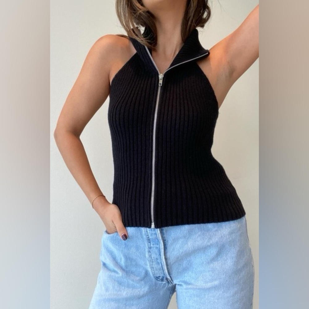 Black Knit Zip Up Halter Top Sweater
